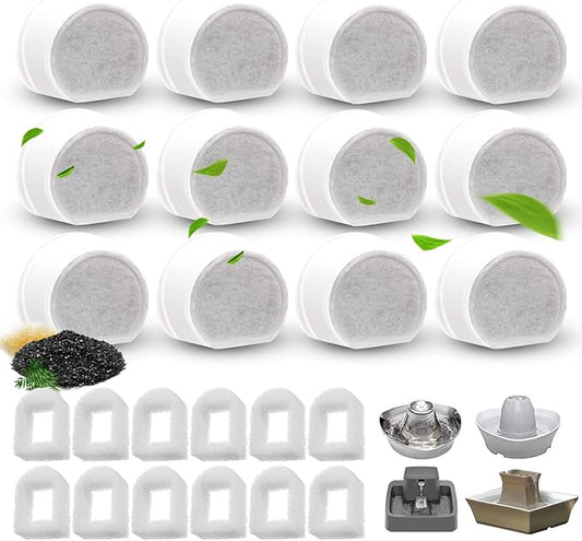 24/40 Pcs Replacement Carbon Charcoal Filters Dog and Cat Water Fountain Compatible with Multiple Pet Fountains. (12 Carbon Filters+ 12 Sponges)
