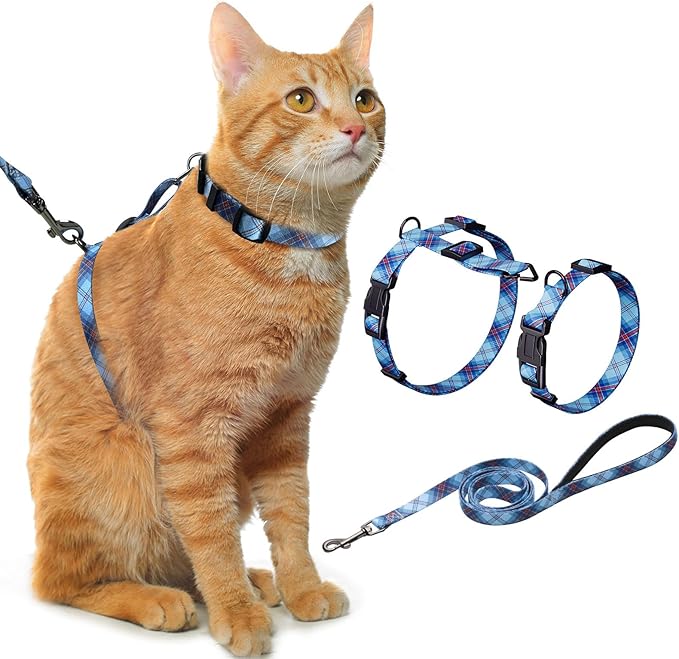 Hikiko Cat Harness and Leash Set Escape Proof Adjustable Walking Travel Soft Boy Kitten Harness for Small Medium Large Cats (Blue Plaid, S)