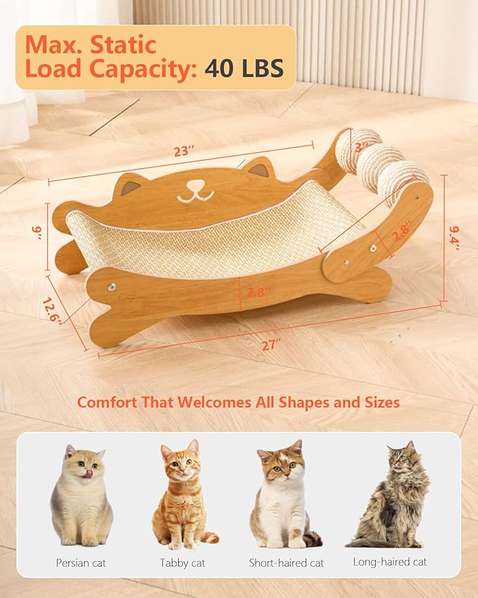 Cat Scratcher,Scratching Post,and Hammocks with Sisal Ball Toys Wooden Cat Beds & Furniture are Sturdy and Durable for All Types of Cats to Play and Relax Indoors