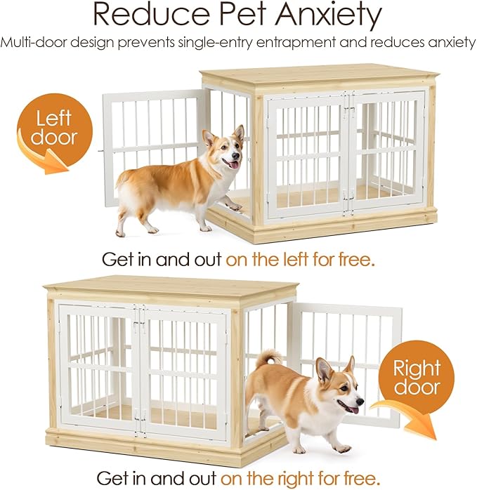 38 in Solid Wood Dog Crate Furniture for Dogs-Large Dog Crate Sideboard and TV Stand, Small, Wood Dog Kennel-(White+Natural)