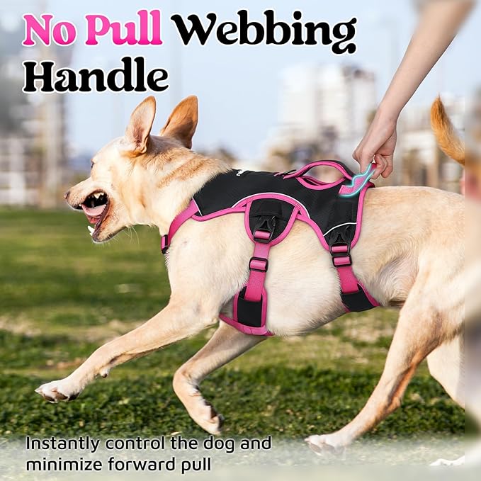rabbitgoo Escape Proof Dog Harness Large Dogs, Soft Padded Full Body Pet Harness, Reflective Adjustable No Pull Vest with Lift Handle and Leash Clip for Walking Hiking Training, Pink & Black, XL