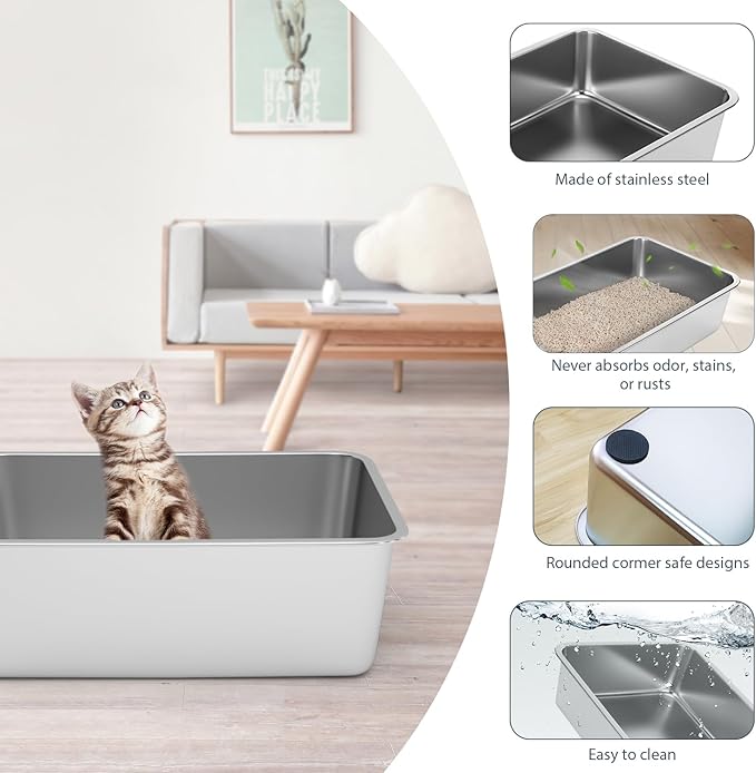 Stainless Steel Litter Box - Cat Litter Box Easy to Clean, Never Absorbs Odor, Stains, or Rusts - Silver (17.7" L x 13.5" W x 6" H)
