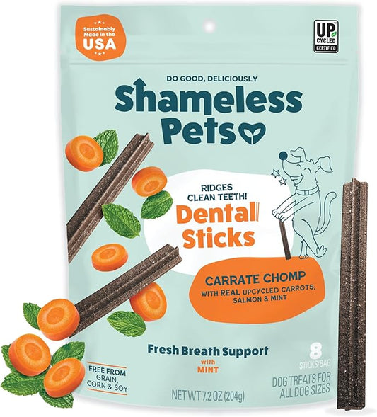 Shameless Pets Dental Treats for Dogs, Carrate Chomp - Healthy Dental Sticks with Skin & Coat Support for Teeth Cleaning & Fresh Breath - Dog Bones Chews Free from Grain, Corn & Soy
