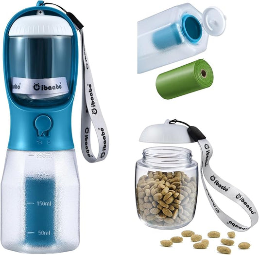 Dog Water Bottle with Food Container & Poop Bag Holder, Travel Water Bowl, Portable Pet Dispenser, Dog Gifts Stuff Accessories Items, Puppy Essentials for Yorkie Chihuahua Walking Hiking