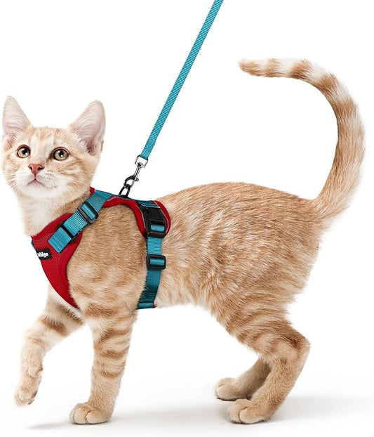 rabbitgoo Cat Harness and Leash for Walking, Escape Proof Soft Adjustable Vest Harnesses for Cats, Easy Control Breathable Reflective Strips Jacket, Red & Teal, XS