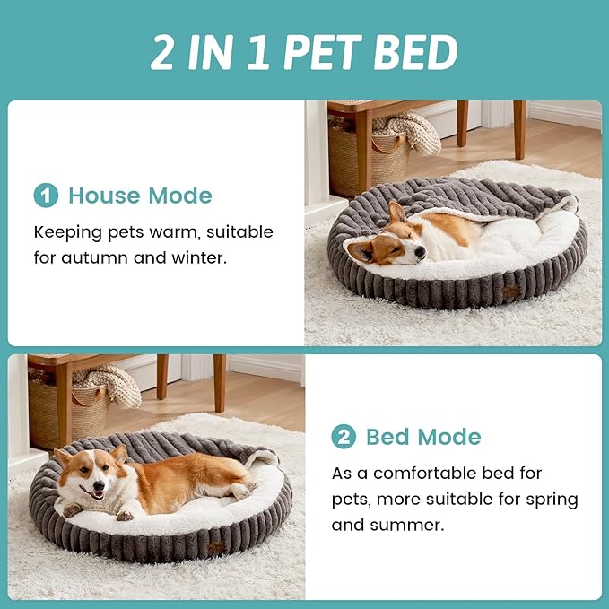 Small Dog Bed with Hooded Blanket, Round Fluffy Anti-Anxiety Pet Bed for Small Dogs & Medium Dogs, Cozy Donut Cuddler with Machine Washable Faux Fur & Anti-Slip Bottom(26"×26"×7",Grey)