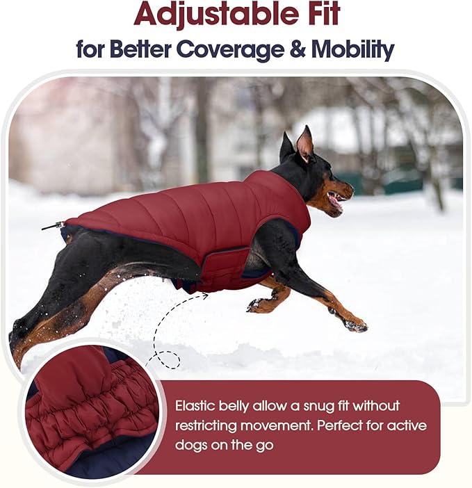 QBLEEV Reversible Dog Coat, Winter Warm Snowproof Dog Puffer Vest for Large Dogs Cold Weather, Windproof Lightweight Padded Jacket Snowsuit, Adjustable Outdoor Clothes for Great Dane, Wine Red, XXXL