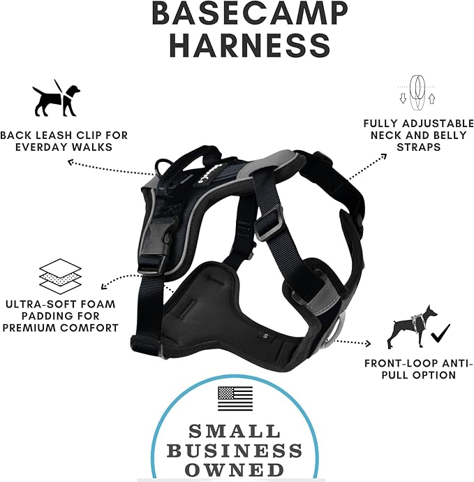 ShawnCo Basecamp Dog Harness, No-Pull Pet Vest with 3 Leash Clips, Padded, Reflective, Lightweight and Adjustable Harness with Handle for Small, Medium and Large Dogs (Midnight, L)