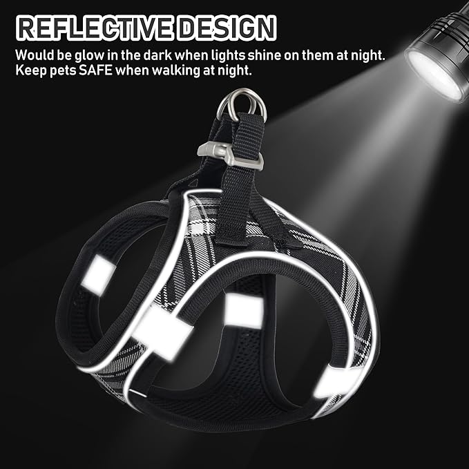 GAMUDA Small Dog Harness Collar and Leash Set, Step in No Chock No Pull Soft Mesh Adjustable Dog Vest Harnesses Plaid Reflective for Dogs Puppy Cats Kitten Rabbit (Black, M)