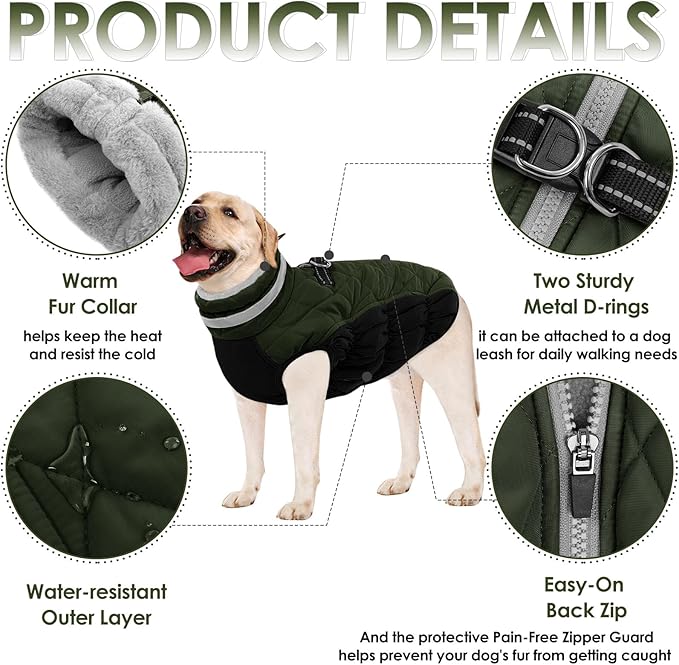 AOFITEE Dog Coat, Warm Dog Winter Coat, Reflective Cold Weather Dogs Puffer Jacket with Harness Built in, Waterproof Pet Fleece Vest Snowsuit for Small Medium Large Dogs, Green L