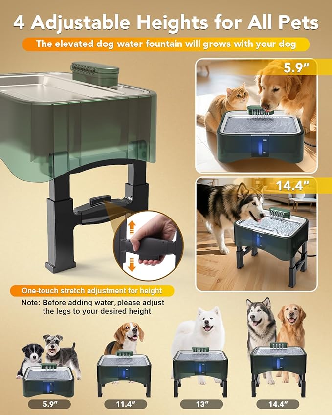 UPSKY 2.25Gal Elevated Dog Water Fountain, 4 Heights Adjustable Pet Fountain for All Dog Sizes, 304 Stainless Steel Tray Indoor Drinking Dispenser with Ultra-Quiet Pump & 4 Replacement Filters Green