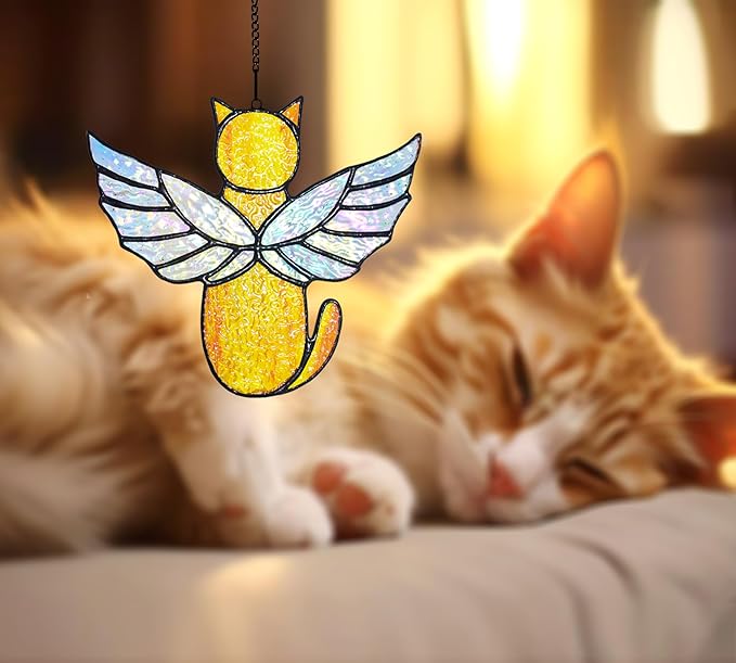Angel Rainbow Wing Memorial Gifts - Stained Glass Cat Suncatcher, Loss of Cat Sympathy Gift (Orange)