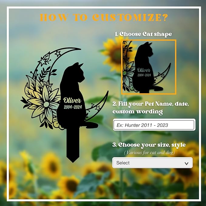 Custom Pet Grave Marker Cat – Personalized Outdoor Cat Headstone, Custom Name & Lifespan Dates Pet Grave Markers, Available in Multiple Styles and Colors