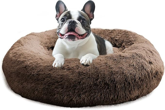 JOLLYVOGUE Calming Dog & Cat Bed for Small Dogs, Anti-Anxiety Donut Cuddler Cozy Soft Round Bed with Anti-Slip Bottom, Fluffy Faux Fur Plush Cushion Beds for Small Medium Dogs (27")