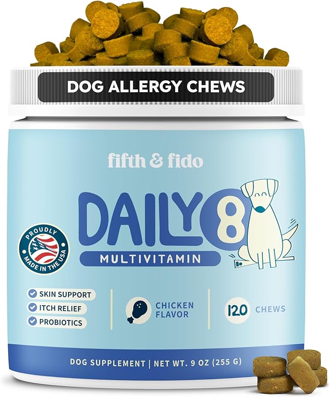 Dog Itching Skin Relief - Itch Relief for Dogs – Dog Allergy Relief with Salmon Oil - Anti Itch for Dogs Itchy Skin and Coat, Probiotics, Mushroom, Quercetin, Bromelain & Turmeric –120 Chicken Chews