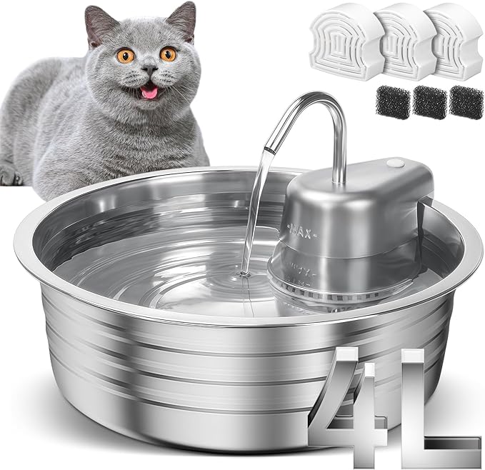 Cat Water Fountain, 4L/135OZ Stainless Steel Pet Fountain with 3 Filters & 3 Sponges Dog Water Dispenser, Dog Water Bowl Cat Drinking Fountains Watering Supplies with Ultra-Quiet Pump for Pets Indoor