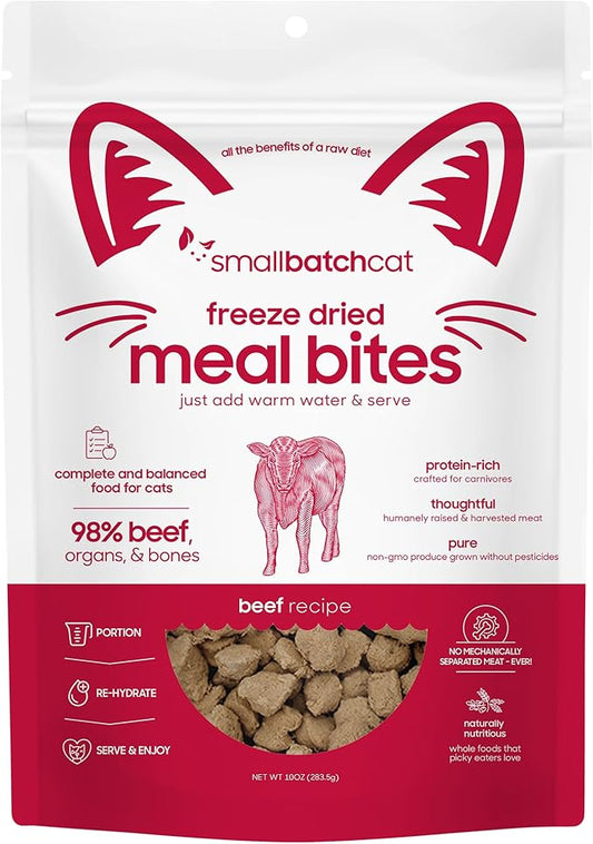 smallbatch Freeze-Dried Raw Cat Food, Shelf Stable Food Bites, Beef Recipe, High Protein Meal or Topper for Cats, Humanely Raised Meat, Organic, Non-GMO Produce, Made in The USA, 10oz Bag