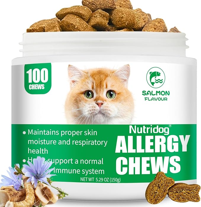 Cat Allergy Relief Chews, Skin & Immune Support for Cats - Salmon Flavor Soft Chews with Colostrum, Probiotics 300M CFU, Omega 3 - Itchy Skin & Paw Licking Remedy, 100 Count