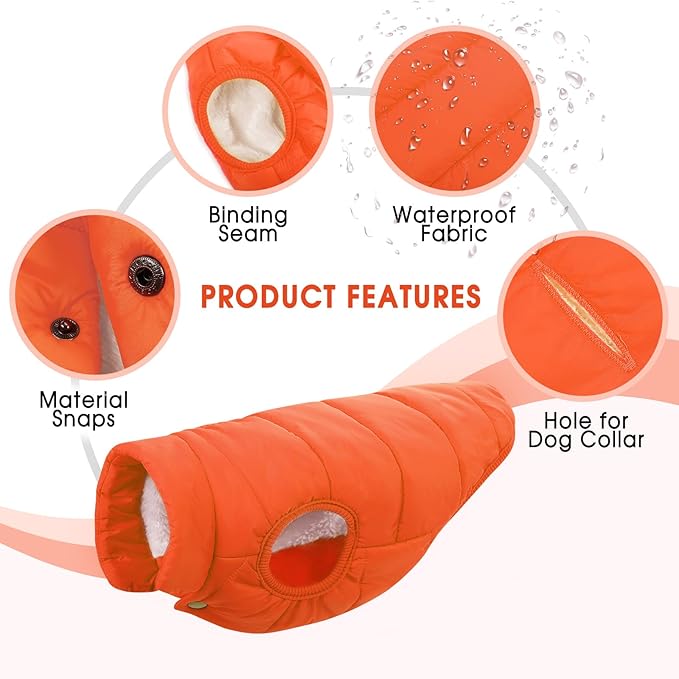 ASENKU Dog Winter Coat - Waterproof Windproof Dog Jacket, Warm Snowproof Doggie Puffer Vest for Cold Weather, Lightweight Snow Coats for Small Medium Large Dogs (Orange, S)