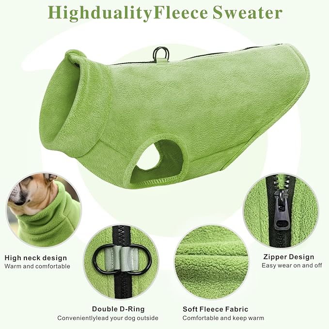 Idepet Dog Fleece Vest Sweater Zip Up Warm Pullover Dogs Jacket with D-Ring Leash Winter Cold Weater Coat Pet Sweatershirt Clothes Hoodie for Small Medium Dogs Boy Girl(Green,XL)