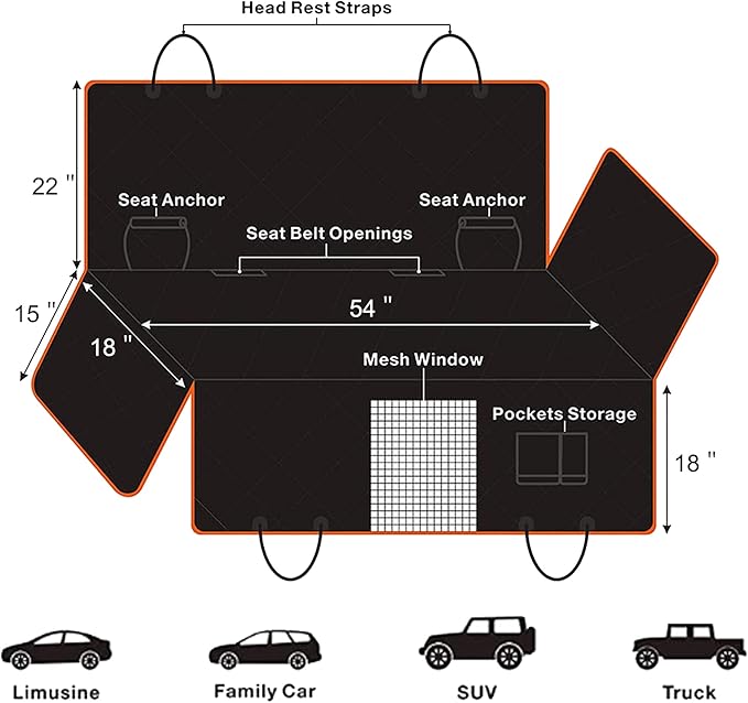 Femuar Dog Car Seat Cover, Waterproof Nonslip Pet Seat Cover for Back Seat with Storage Pockets Mesh Visual Window, Heavy Duty Scratchproof Pet Dog Seat Cover Hammock for Cars Trucks and SUVs