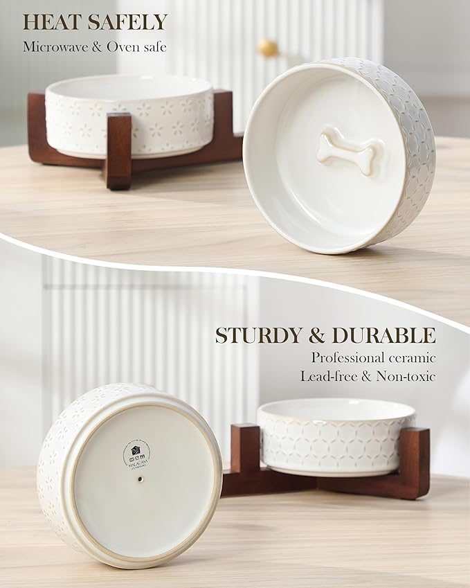 MALACASA Dog Bowl Set with Walnut Wood Stand, 1.5 Cups Ceramic Pet Bowls for Puppy Dogs, Dual Food and Water Bowls with Non-Slip Base, Basic Bowls for Your Dog or Cat, Five-Leaf Grass & Honeycomb