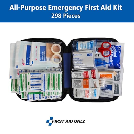 First Aid Only 299 Piece All-Purpose Emergency First Aid Kit for Home, Office, Car, Apartment, Dorm, and Camping, Travel-Friendly Compact Pouch Fits in Backpacks, Suitcases, Cabinets, and Drawers