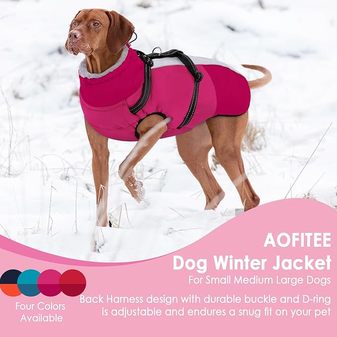 AOFITEE Dog Coat, Warm Dog Jacket with Harness Built-in, Waterproof Medium Dogs Cold Weather Coat with Zipper, Reflective Fleece Lined Pet Snow Jackets for Pug, Jack Russell, Boston Terrier, HotPink M