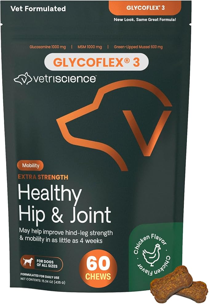 VetriScience GlycoFlex 3 Extra Strength Hip & Joint Supplement for Dogs – Vet Formulated Glucosamine, MSM & Green-Lipped Mussel Chews for Mobility, Flexibility & Joint Support, Chicken Flavor, 60 Cnt