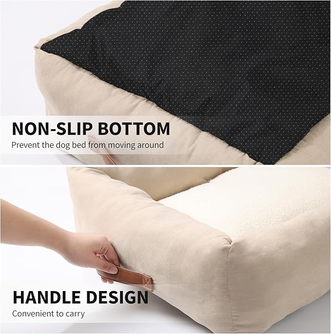 20In Dog Bed for Small Medium Sized Dogs and Cats - Washable Rectangle Puppy Bed for Indoor Outdoor, Cozy Pet Bed with Support Pillow & Non-Slip Bottom(Beige, Small)