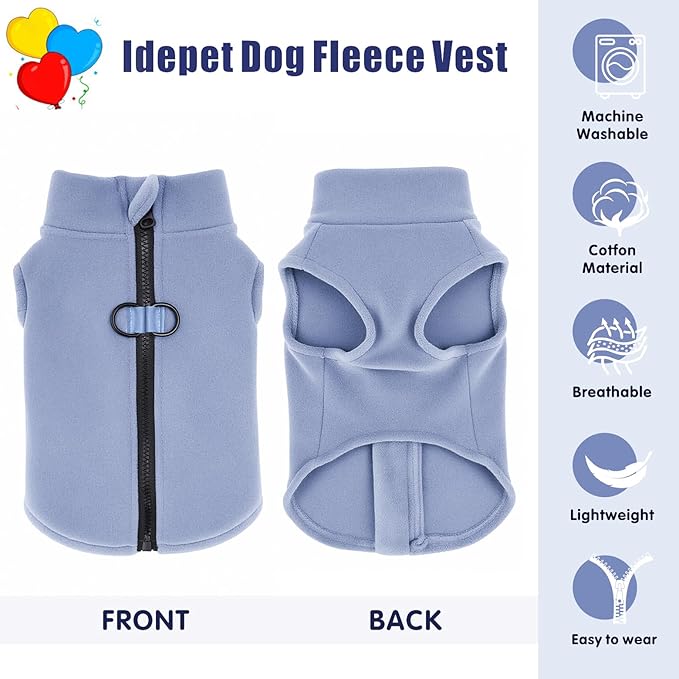 Idepet Dog Fleece Vest Sweater Zip Up Warm Pullover Dogs Jacket with D-Ring Leash Winter Cold Weater Coat Pet Sweatershirt Clothes Hoodie for Small Medium Dogs Boy Girl(Sky Blue,XXL)