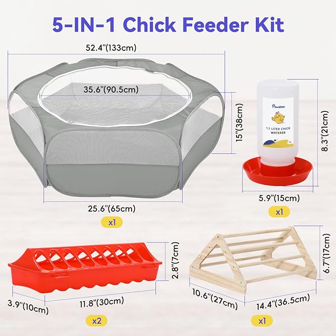 Pawaboo 5-in-1 Chicken Brooder Box for Chick Starter Kit, Includes Pet Cage Tent, Chicks Perch, Chicks Feeder, 1.1L Chick Waterer, Baby Chicken Supplies (Brooder Set), Gray
