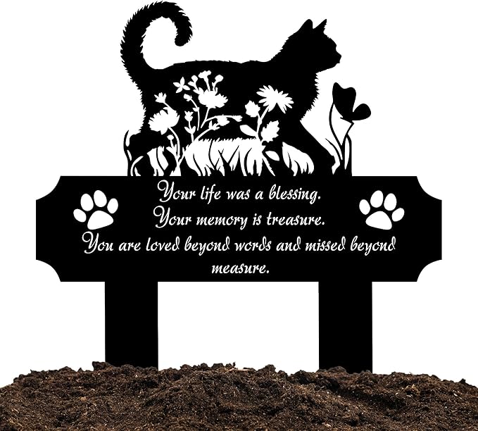 Cat Grave Marker Outdoor Memorial – 12in Metal Pet Memorial Plaque with Garden Cat Silhouette, Weatherproof Headstone for Yard or Indoor Tribute, Sympathy Gift for Loss of Cat