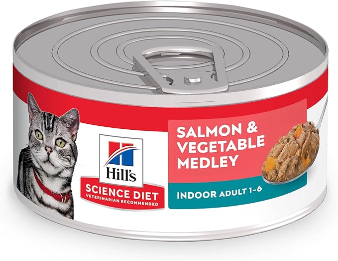 Hill's Science Diet Indoor, Adult 1-6, Easy Litter Box Cleanup, Wet Cat Food, Salmon & Vegetables Stew, 5.5 oz Can, Case of 24