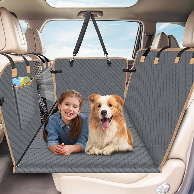 Dog Car Seat Cover for Back Seat, Gray, Universal Fit, Polyester, Car, Truck, SUV, Van, Automotive Pet Seat Cover Combination