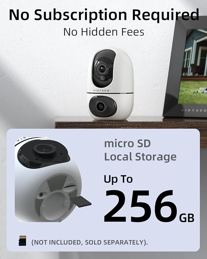 virtavo XD1 Indoor Security WiFi Camera, No Subscription Required, Dual-Lens 360° PTZ Baby Monitor & Pet Cam, Motion Tracking, 2-Way Audio, Night Vision, Cloud/SD Storage, Phone App, Plug-in Power