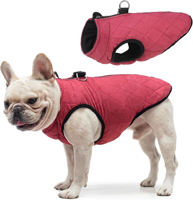 SCENEREAL Winter Dog Vest Coat with Harness Built In, Warm Puppy Jacket for Small Medium Dogs, Cold Weather Coat with Zipper, Fleece Puffer Vest Windproof Snow Clothes