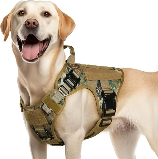 rabbitgoo Tactical Dog Harness Medium Sized, Heavy Duty Pet Harness with Handle, No-Pull Service Vest Medium Breed, Adjustable Military Dog Vest for Training Hunting Walking, Brown Camo, M