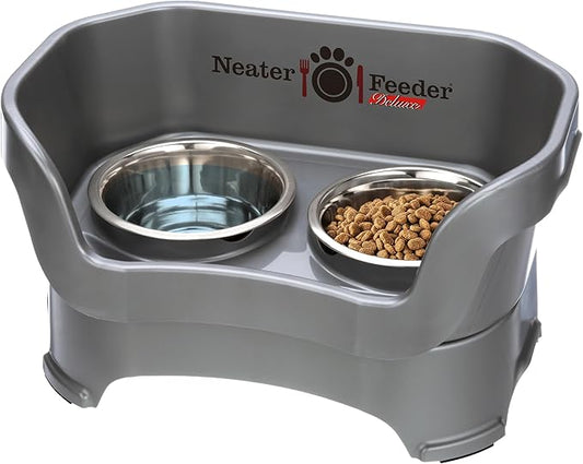 Neater Pet Brands Neater Feeder Deluxe Mess Proof Dog Bowls Elevated for Medium Dogs 19-40 lbs, Made in USA, No Spill Raised Dog Food Bowl Stand Feeding Station, Food and Water Bowl Set, Grey