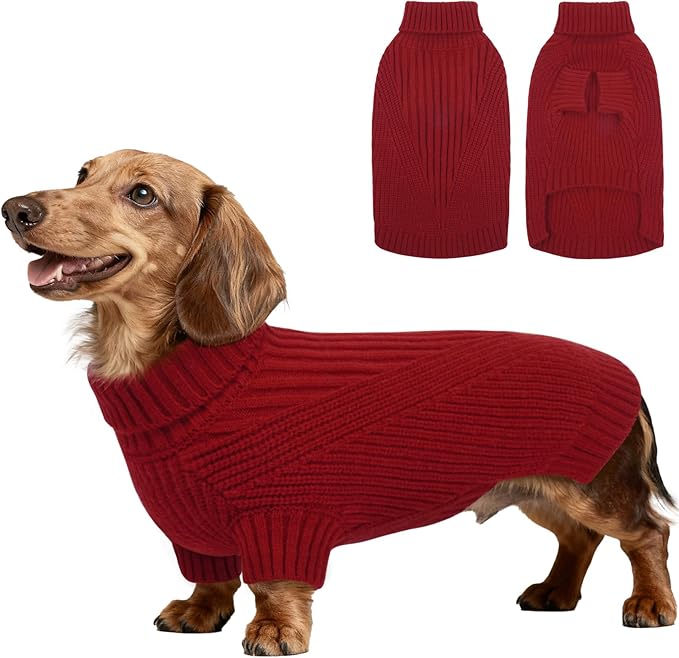 Small Dog Sweater, Dog Pullover Sweaters for Puppy Girl, Cable Knit Clothes for Cold Weather, Comfy Extra Small Dogs Sweater, Warm Turtleneck Sweatshirts Red Christmas Outdoor