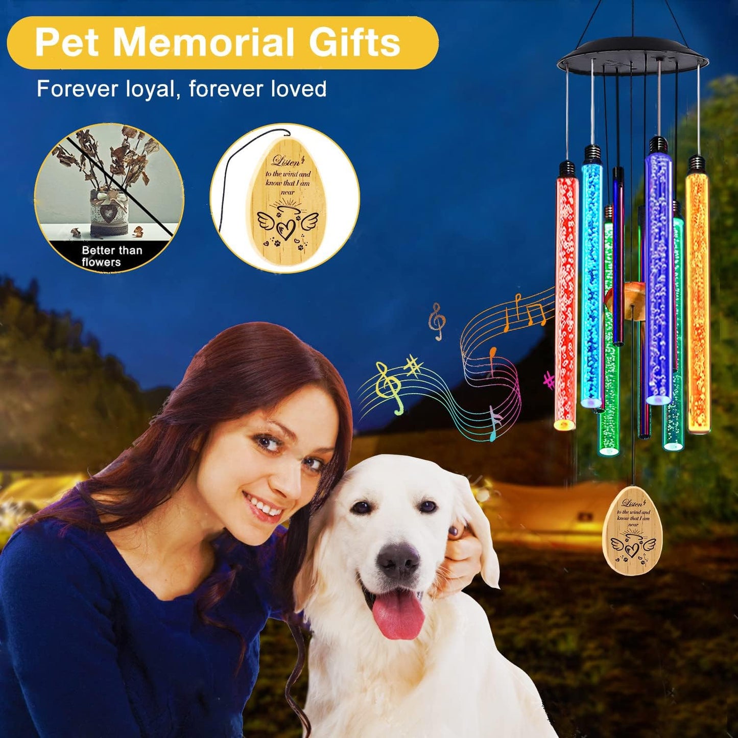 Solar Pet Memorial Wind Chime, Dog Memorial Gifts for Loss of Dog, Rainbow Bridge Pet Memorial Gifts, Loss of Dog Sympathy Gift, in Memory of Dog, 6 LED Tubes Color Changing Rainbow, 33"