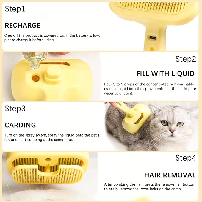 Indoor Cat Steam Brush, Rechargeable Self-Cleaning Four in One Anti-Static Steam Pet Brush, Used for Combing and Massaging Loose Fallen Pet Hair, Suitable for Long and Short Haired Dog Steam Brushes