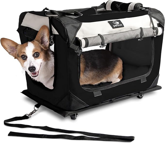Large Pet Carrier on Wheels. Holds 2 Cats or Medium Dog. Rolling, Soft Sided Cat Carrier & Dog Crate for Travel. Collapsible, Portable Cat Bag with Soft Bed, Top & Side Loading, Locking Zippers