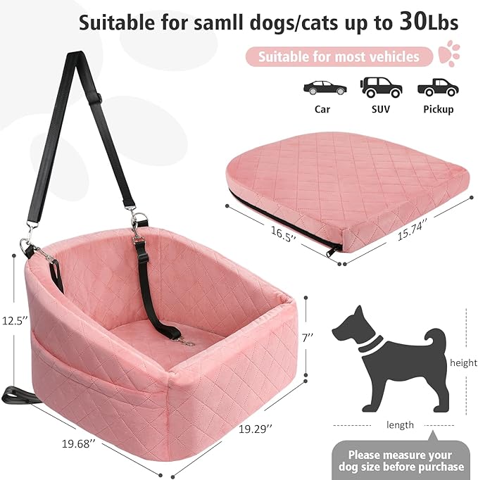 Dog Car Seat for Small Medium Dogs,Detachable Washable Dog Booster Seat Under 30lbs, Pet Car Seats Travel Bed with Storage Pockets and Safety Belt(Pink)