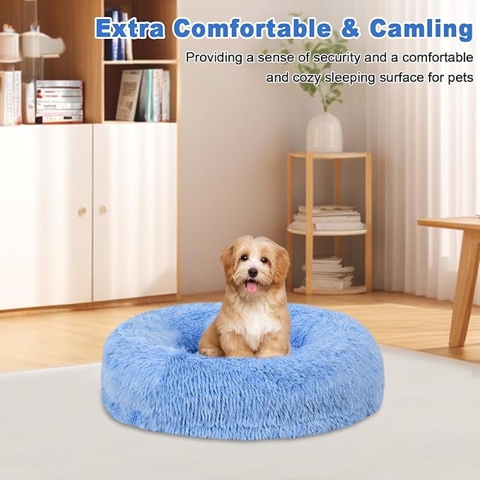 Calming Donut Pet Bed for Cats and Small Dogs, Washable Anti-Anxiety Round Bed with Non-Slip Bottom, [23.62 x 23.62 x 5.9 Inch] Plush Dog Cat Bed for Small Medium Pets(Blue)