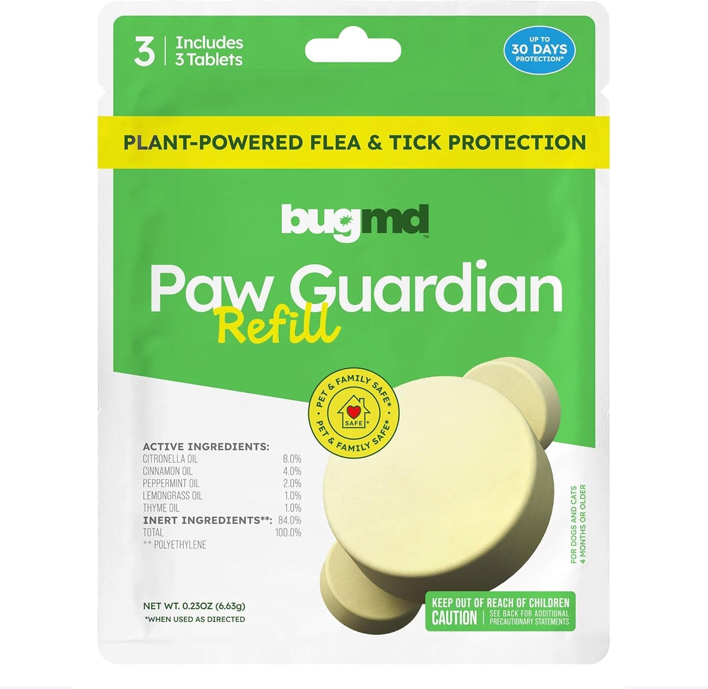 BugMD Paw Guardian Refill, Plant-Powered Flea & Tick Protection Tablets, 3 Count, 30-Day Protection, Natural Essential Oil Formula
