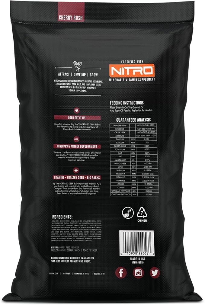 Big Tine Fortified Deer Blend, Cherry Rush Flavor, 10 lbs Bag, Supports Antler Growth, Long Lasting Scent, Packed with Vitamins and Minerals