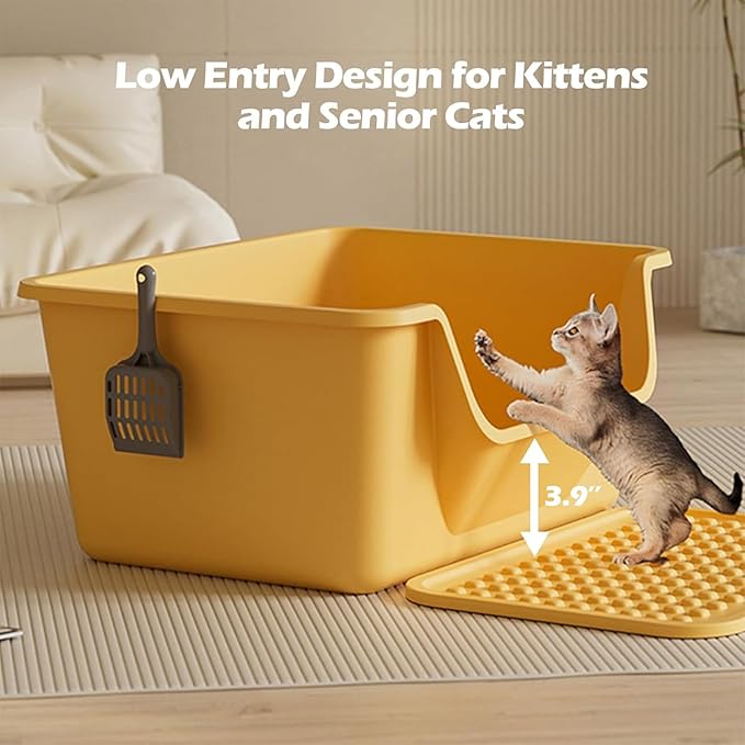 Large Cat Litter Box with High Sides,Cat Boxes for Indoor Cats,Cat Litter Pan for Kitty,Litter Box with Low Entry,Easy to Clean,Anti-Splashing(Yellow)