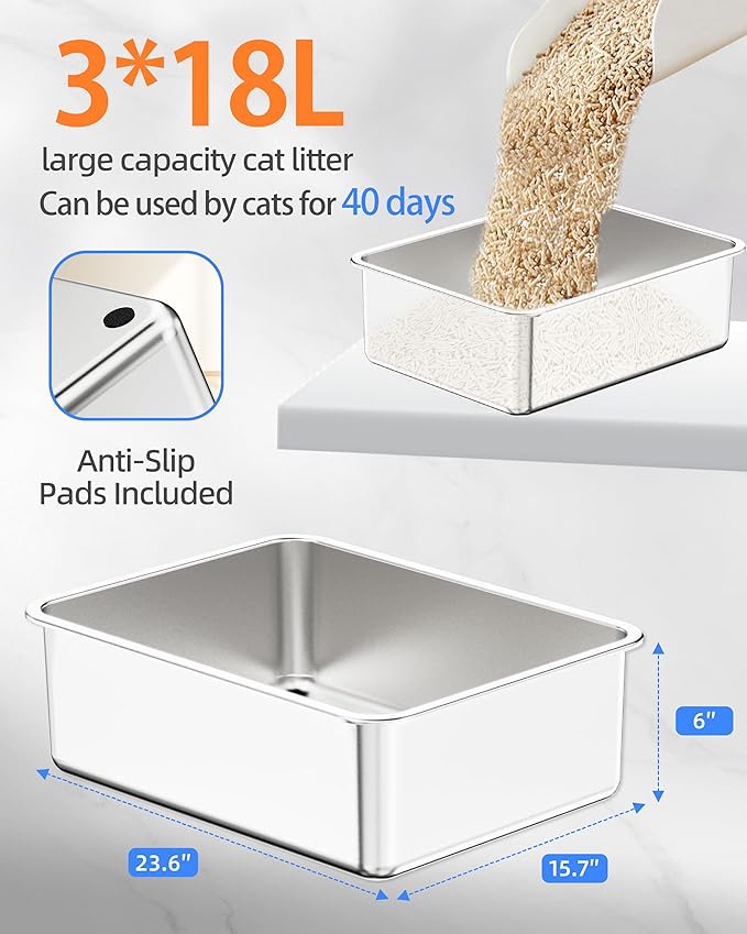 Stainless Steel Litter Box Set- [6-in-1] Large Cat Litter Box with Pedal, Mat, Scoop, Brush, Cat Wands, Non-Sticky Metal Litter Box for Cat, Kitty, Odorless, Easy Clean (23.6"x15.7"x6", 3 Pack)