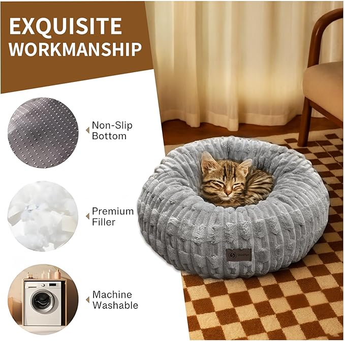 ShinHye Cat Bed - Washable Donut Bed for Cats and Small Dogs, Calming Round Pet Bed with Non-Slip Bottom, Indoor Comfort for Puppy & Kitten(ZJ-Grey-20x20)